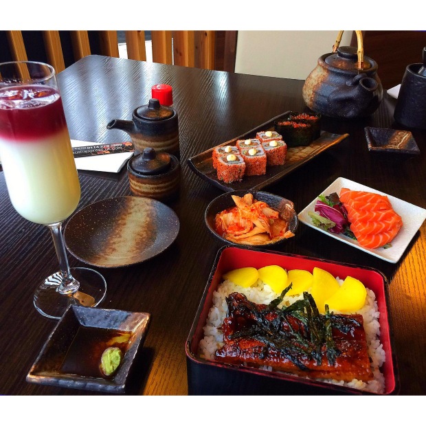 2014 Pre Birthday Dinner- Salmon Sashimi, Unadon, Kimchi, Spicy Salmon Maki and Salmon Roe Gunkan