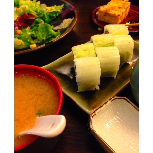 Vegetarian Maki, Miso Soup and Salmon Salad
